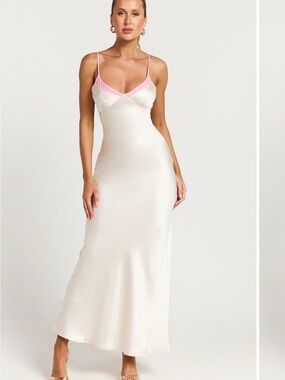 NWT Into Satin Maxi Slip Dress Beige Pink Contrast Trim Women’s Size 6